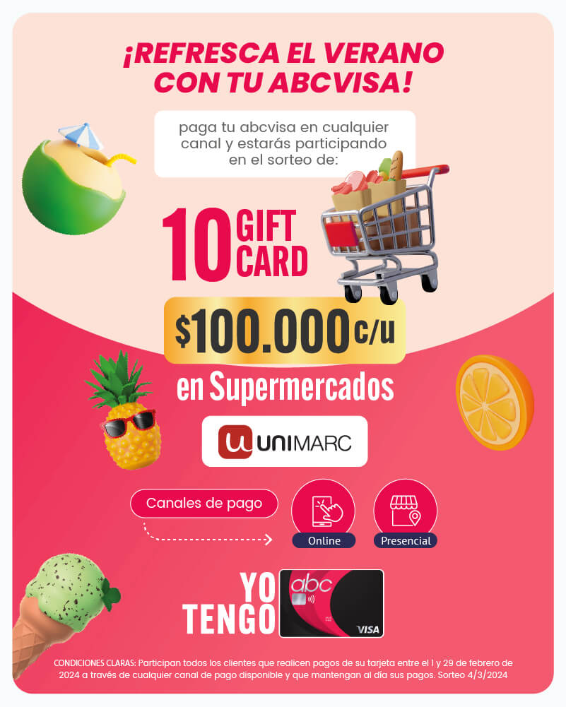 Paga tu cuenta y por Gift cards de $100.000 para supermercados unimarc